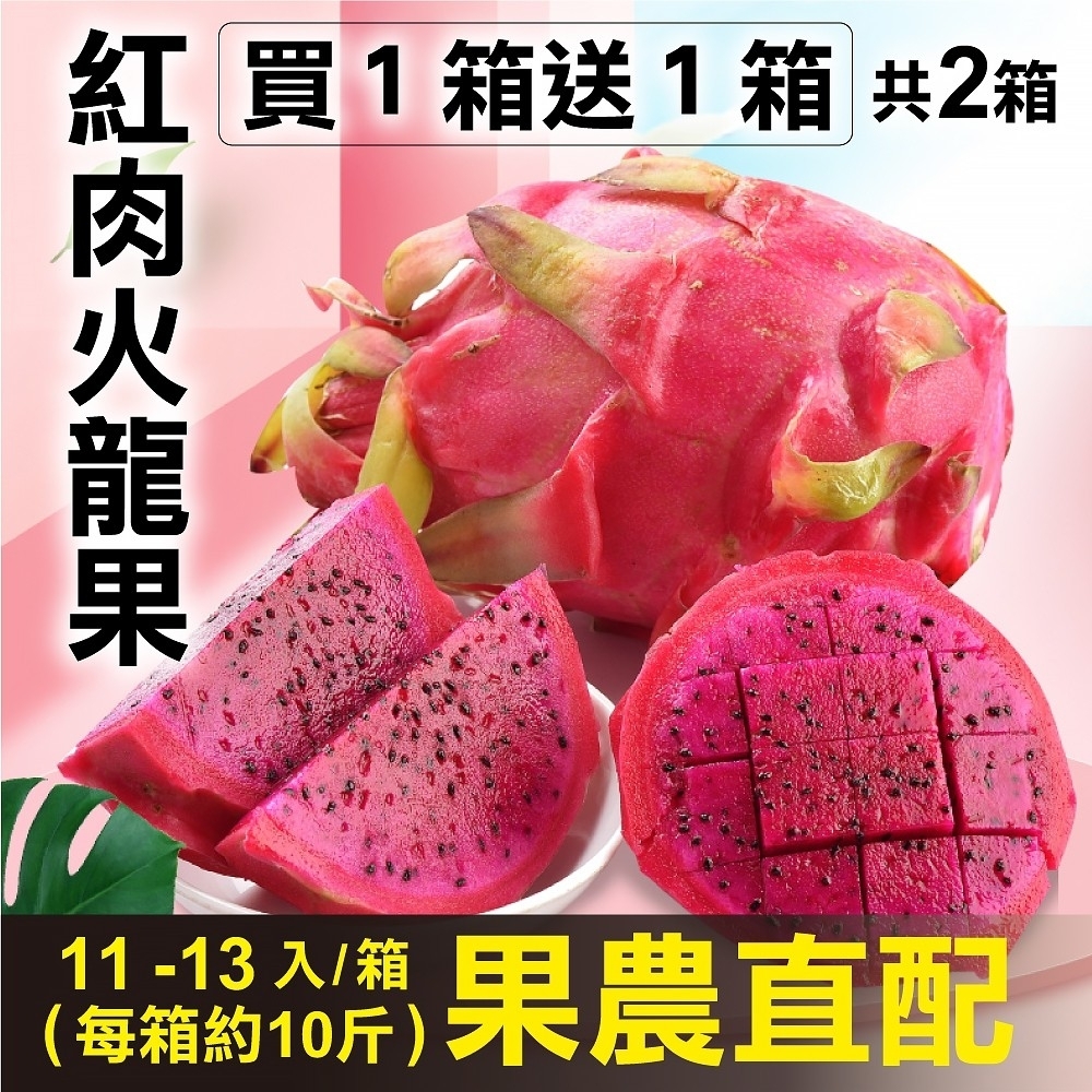 買1送1【果農直配】南投紅肉火龍果 共2箱(每箱10斤/11-13顆)