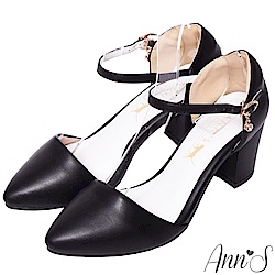 Ann’S Lovely-搖曳水鑽顯瘦側V繫踝尖頭粗跟鞋-黑(版型偏大)