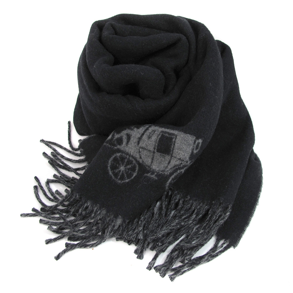 COACH 大馬車LOGO黑灰雙色雙面義大利製羊毛流蘇圍巾(193x50cm)