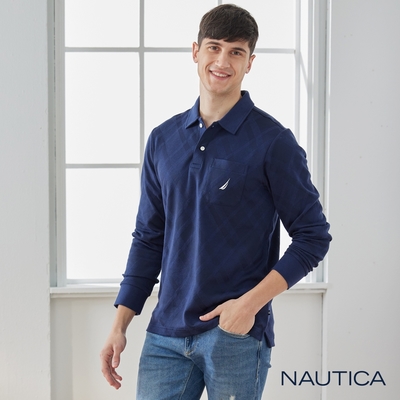 Nautica 男裝 經典菱格紋長袖POLO衫-深藍