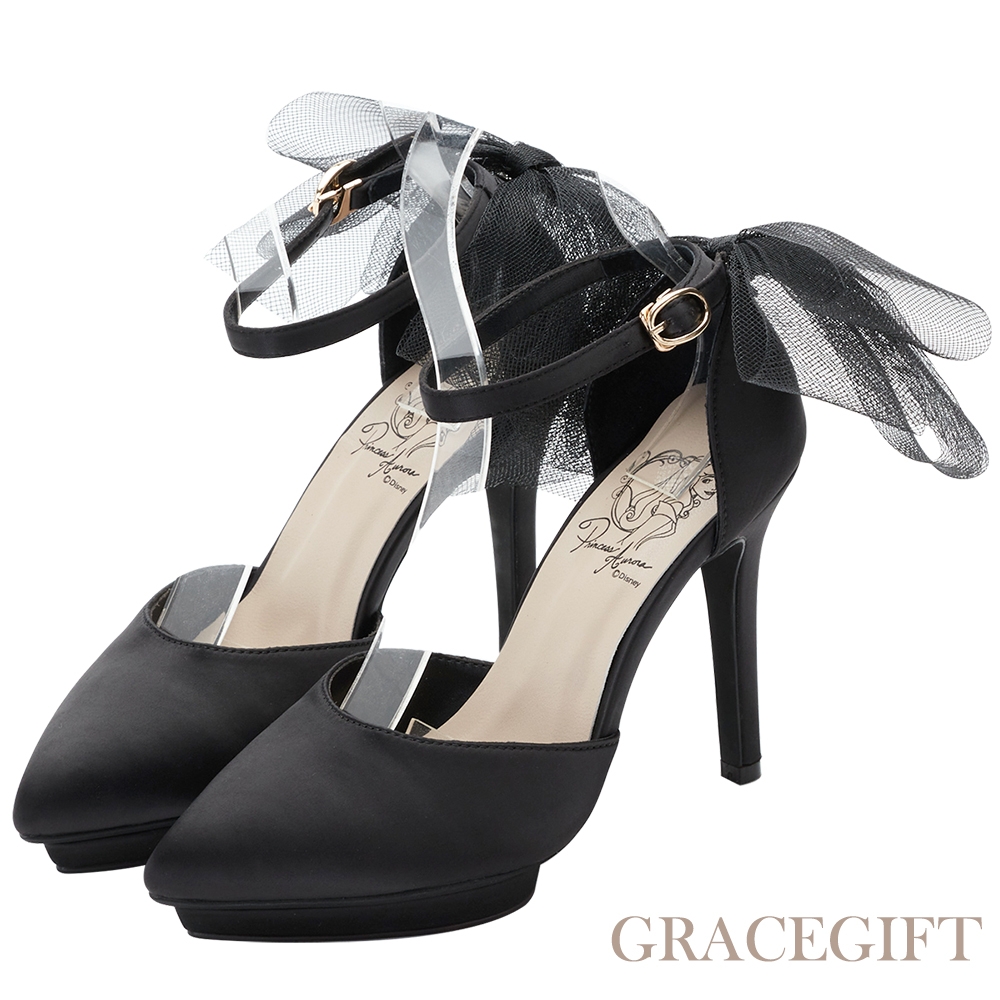 【Grace Gift】公主系列婚鞋-睡美人網紗蝴蝶結踝帶防水台跟鞋 黑