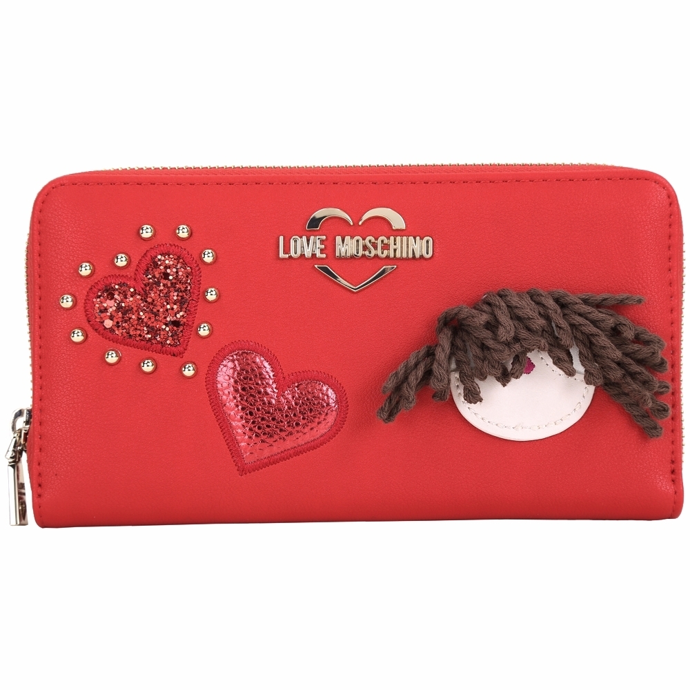 LOVE MOSCHINO 繩編娃娃愛心皮革拉鍊長夾(紅色)