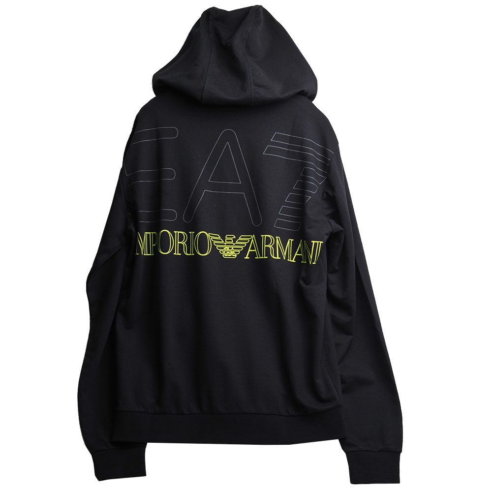 EMPORIO ARMANI 螢光色經典字母品牌LOGO圖騰連帽外套T恤(黑)