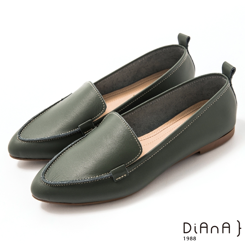 DIANA 1.5 cm莫蘭迪色調牛皮簡約尖頭素面樂福鞋–漫步雲端焦糖美人-孔雀綠