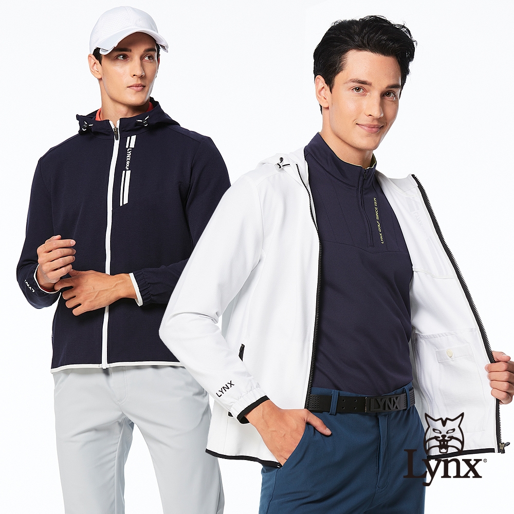 【Lynx Golf】男款彈性舒適防風防潑水貼膜印花造型拉鍊口袋長袖不可拆式連帽外套(二色)