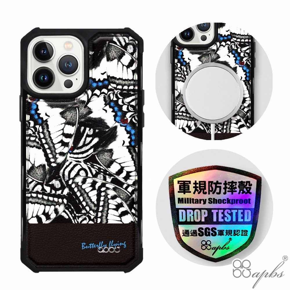 apbs iPhone 13 Pro Max / 13 Pro / 13 軍規防摔皮革磁吸手機殼-經典牛紋-紛飛蝶-黑殼