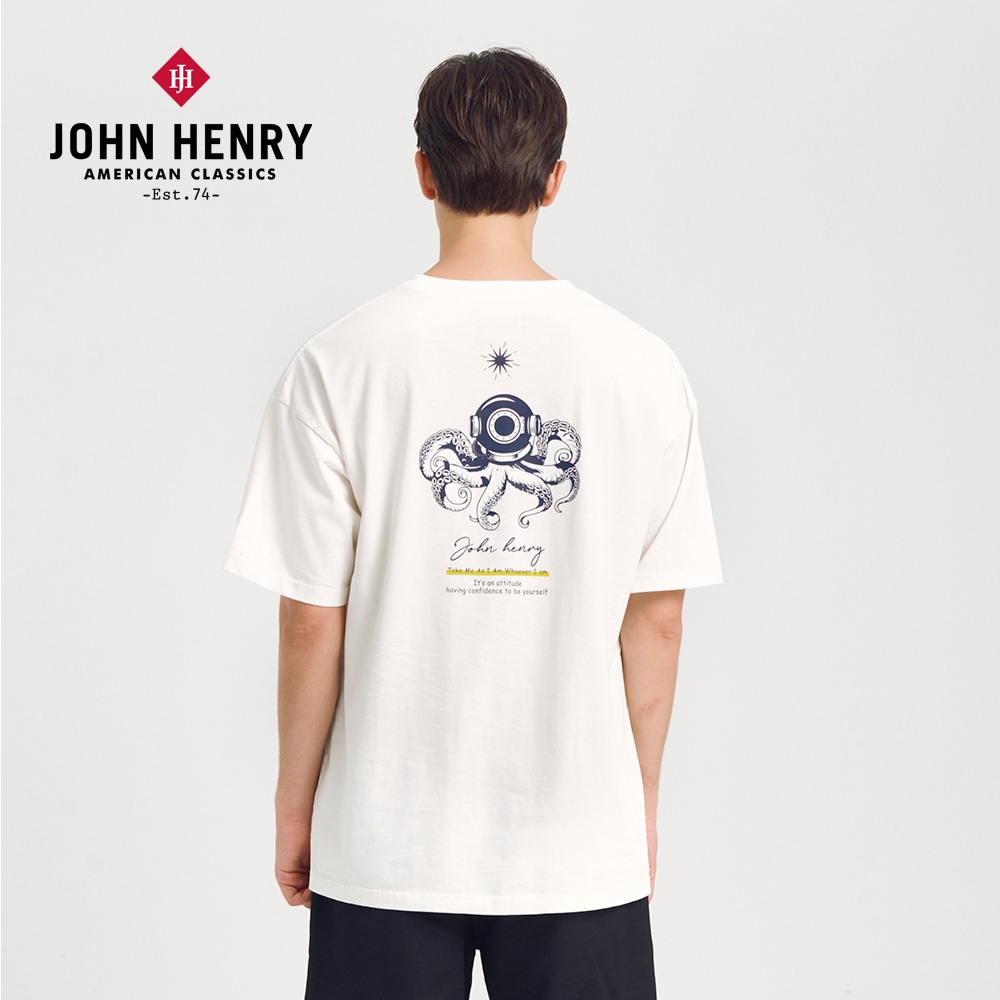 JOHN HENRY 海底章魚背後印花水洗T恤-二色 (白色)