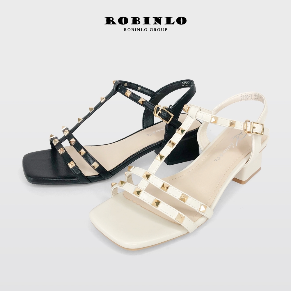 Robinlo時尚酷勁雙帶鉚釘涼鞋  米白/黑