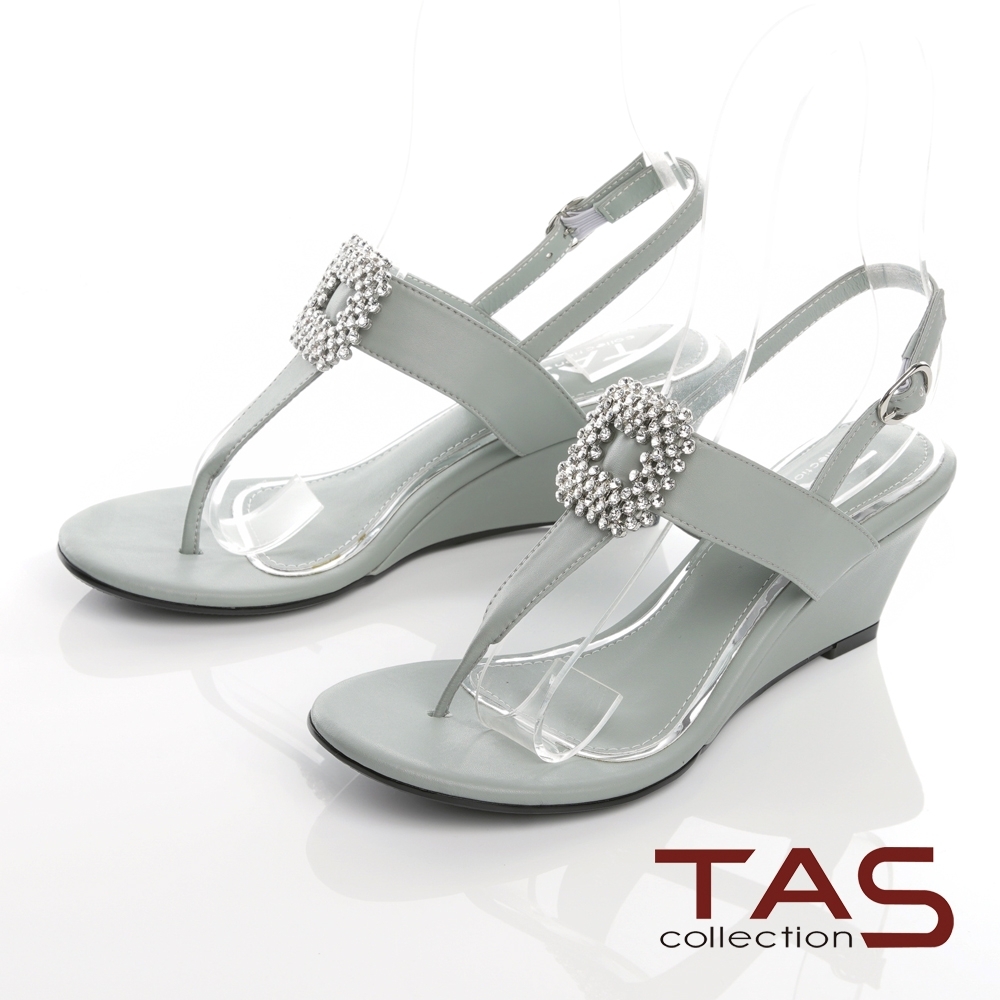 TAS華麗白鑽飾扣夾腳楔型涼鞋-薄荷綠