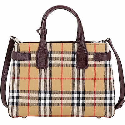 BURBERRY The Banner Vintage 小型 格紋拼接手提斜背包(葡萄紅)