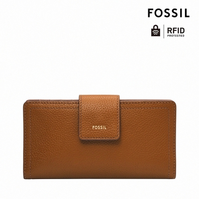 FOSSIL Logan 真皮扣式RFID防盜中長夾 -棕色 SL7830216