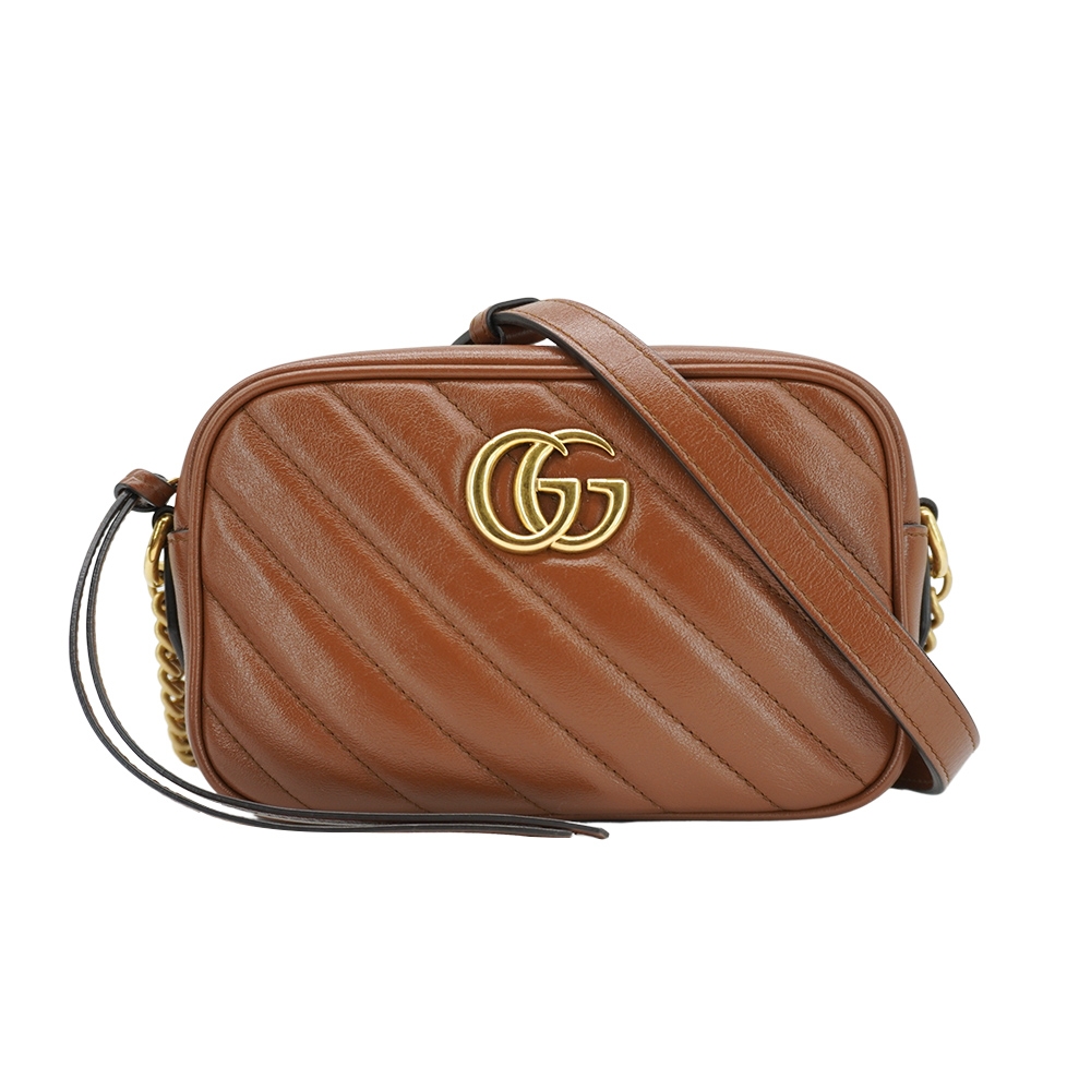 二手品 Gucci Marmont 牛皮金釦相機包-小(634936-焦糖棕)