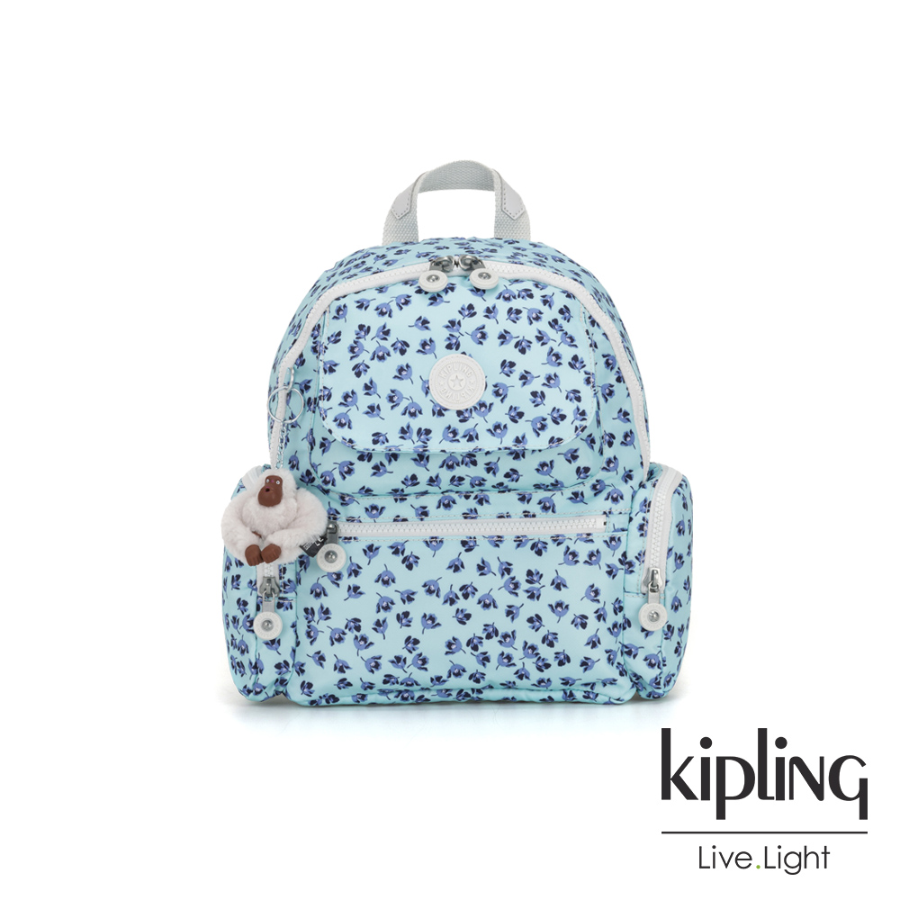 Kipling 典雅淡藍小花翻蓋多口袋拉鍊後背包-MATTA