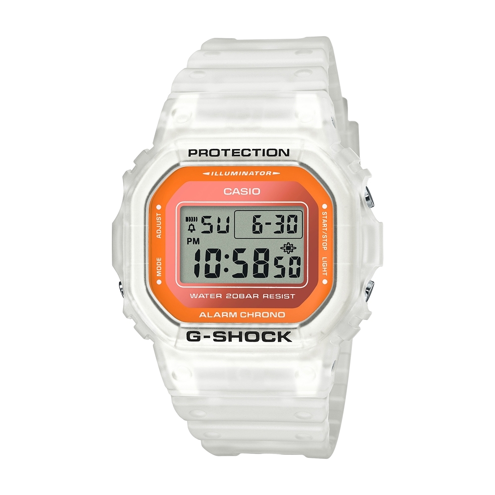 CASIO卡西歐 G-SHOCK 透白x橘紅金屬 半透明系列 DW-5600LS-7_42.8mm