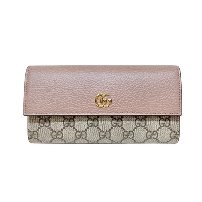 【GUCCI 古馳】456116 經典Petite Marmont 皮革拼接帆布信封式長夾(粉色)