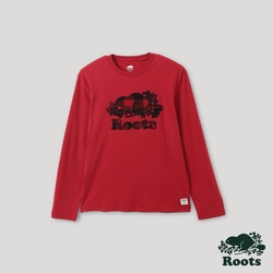 Roots 男裝- 格紋風潮系列 海狸LOGO長袖T恤-紅色