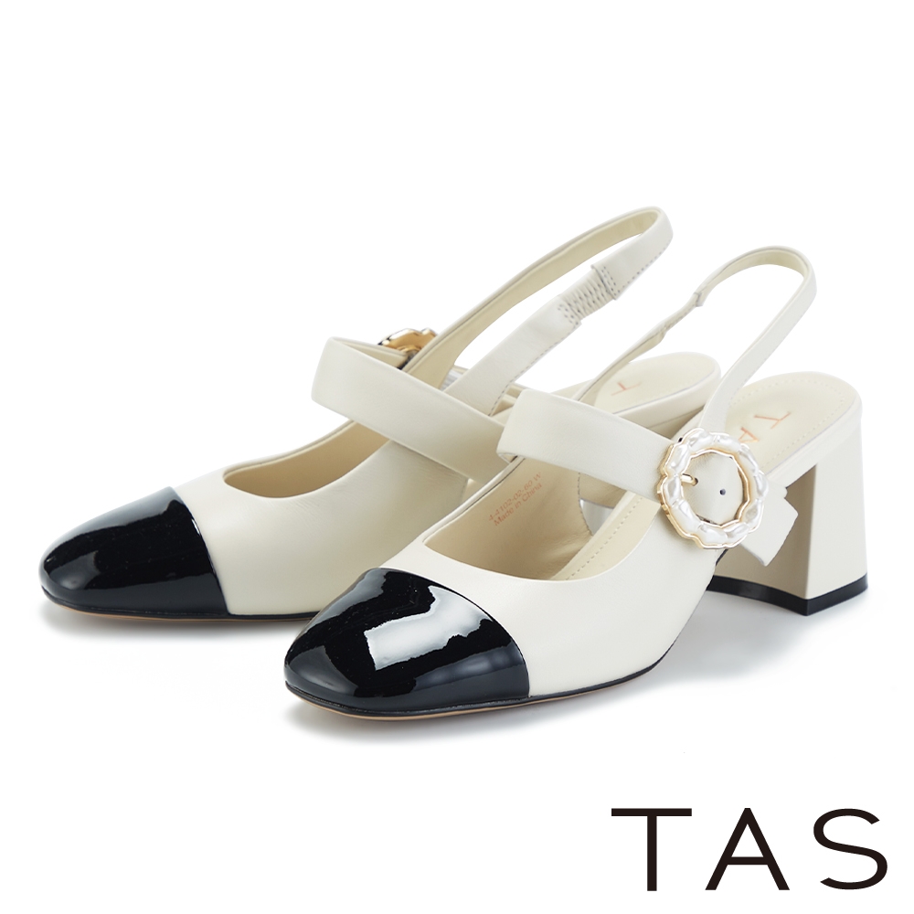 TAS 珍珠釦環羊皮粗跟後空瑪莉珍鞋 米白