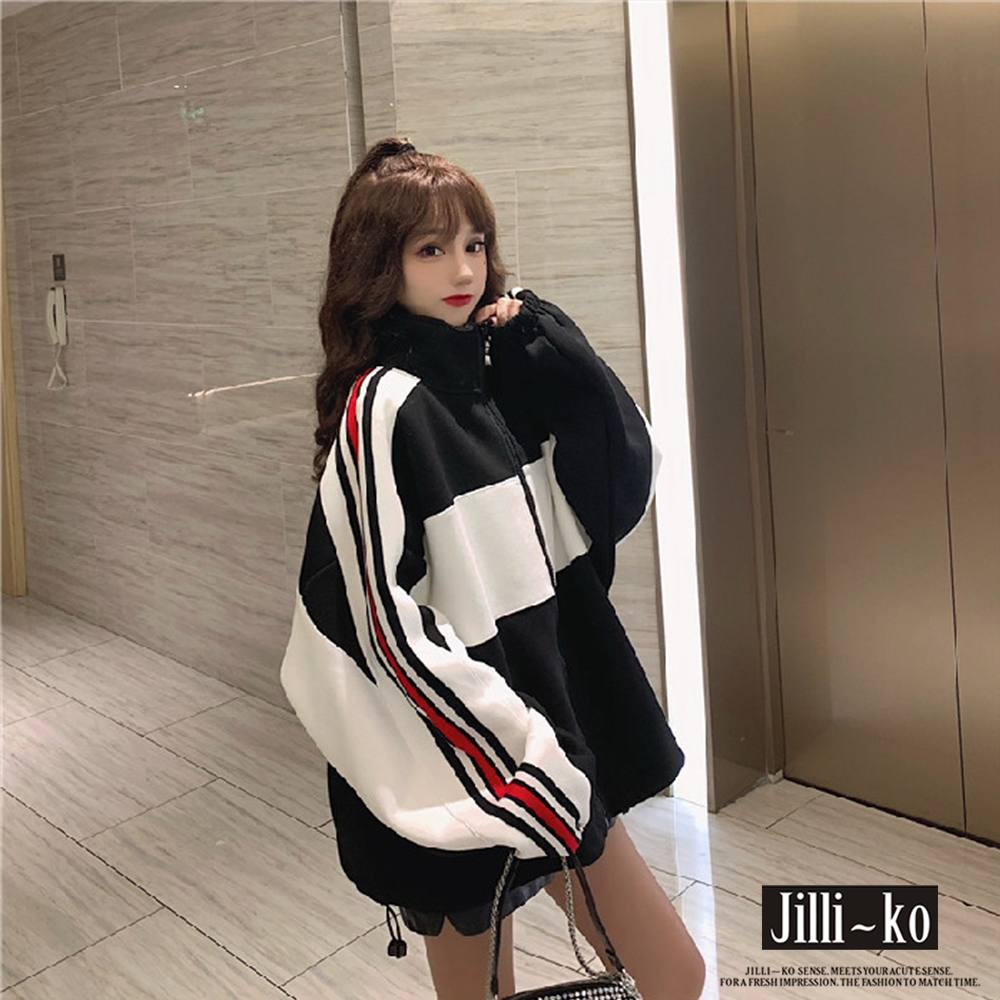 JILLI-KO 厚款拼接衛衣拉鍊外套- 白/灰