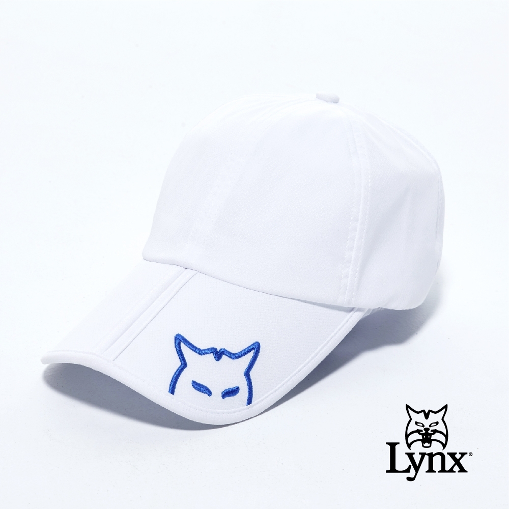 【Lynx Golf】可折式易收納小山貓繡花LOGO鐵扣可調節式球帽-白色