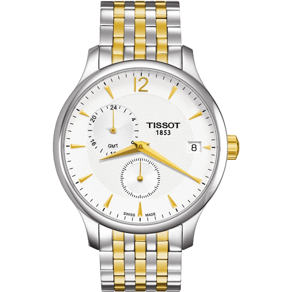 TISSOT 天梭 官方授權 Tradition GMT 二地時區經典腕錶 送禮首選-銀x雙色版/42mm T0636392203700