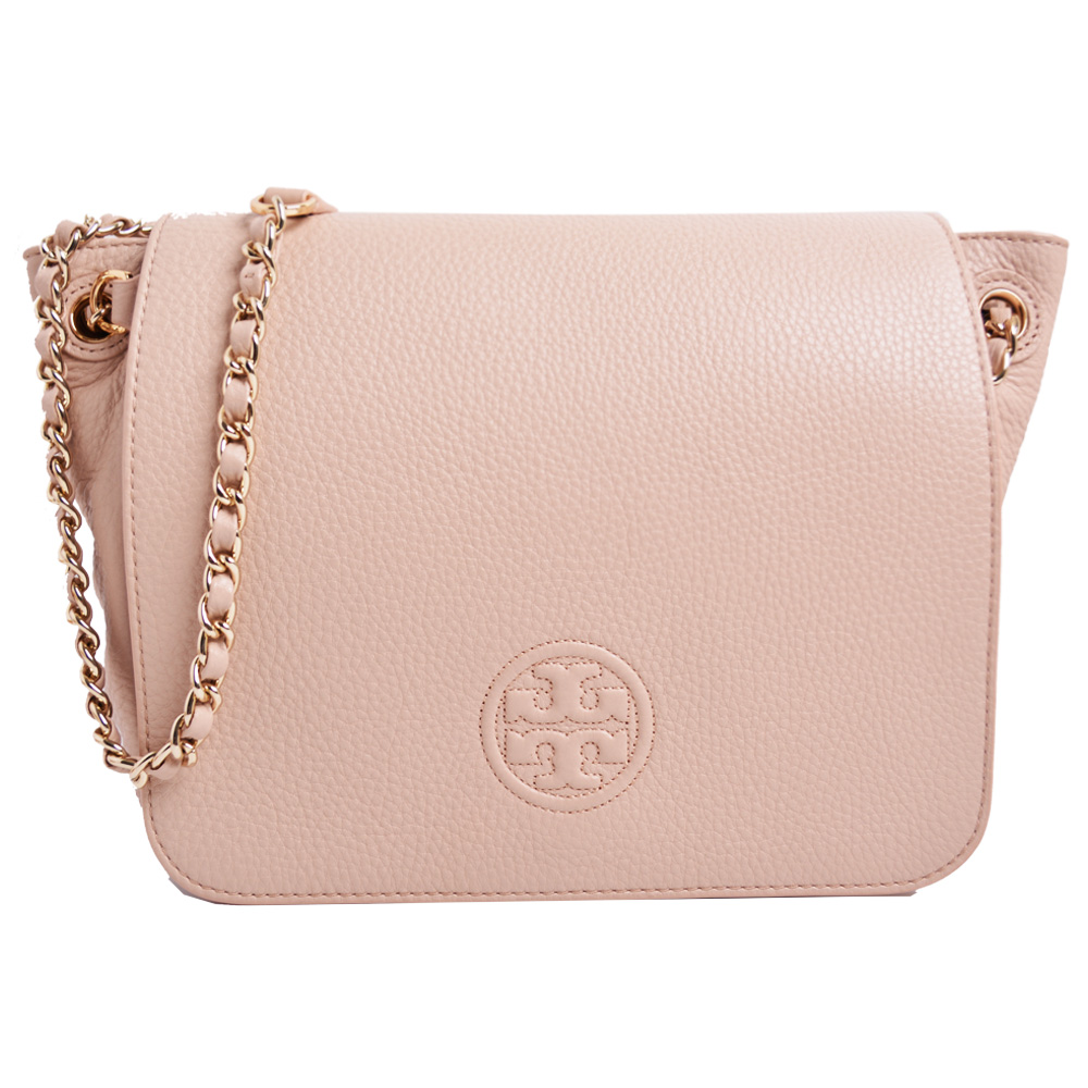 TORY BURCH BOMBE 縫線LOGO荔枝紋皮革掀蓋式鍊帶肩背/斜背兩用包-粉膚色