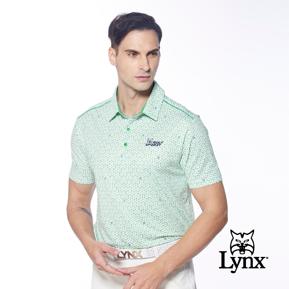 【Lynx Golf】男款吸排抗UV滿版幾何圖案造型肩線短袖POLO衫/高爾夫球衫-綠色