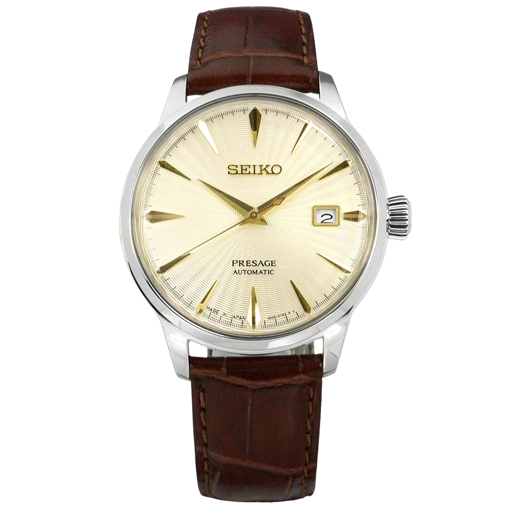 SEIKO 精工 PRESAGE Cocktail 牛皮機械錶-米黃x咖啡/40mm