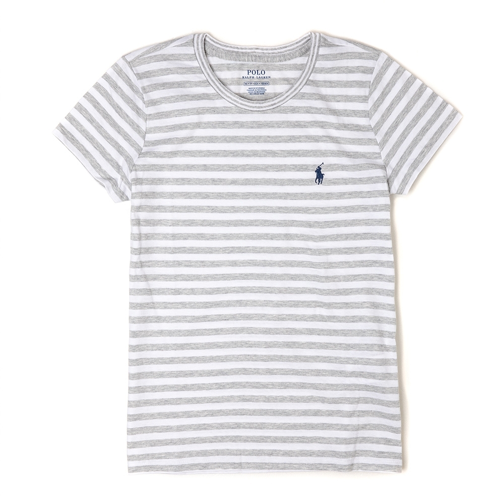 Polo Ralph Lauren 經典小馬圓領條紋短袖T恤(女)-白灰色