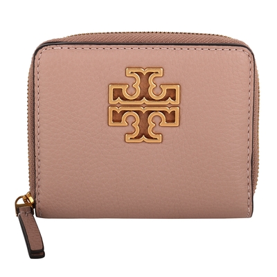 TORY BURCH 金屬大雙T標誌皮革拉鍊暗釦短夾(淺粉)