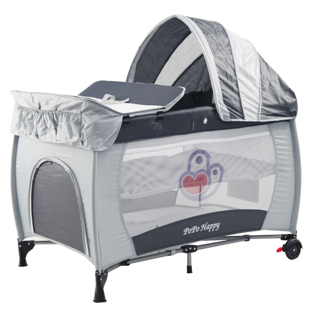 POPO 雙層安全嬰兒床(具遊戲功能)(淺綠灰)附贈尿布台、遮光罩與蚊帳