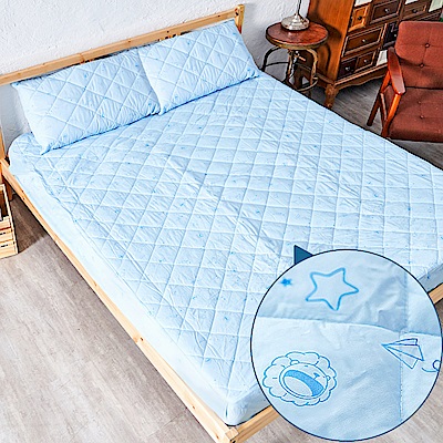 奶油獅-星空飛行-美國抗菌防污鋪棉保潔墊床包三件組-雙人加大6尺-藍