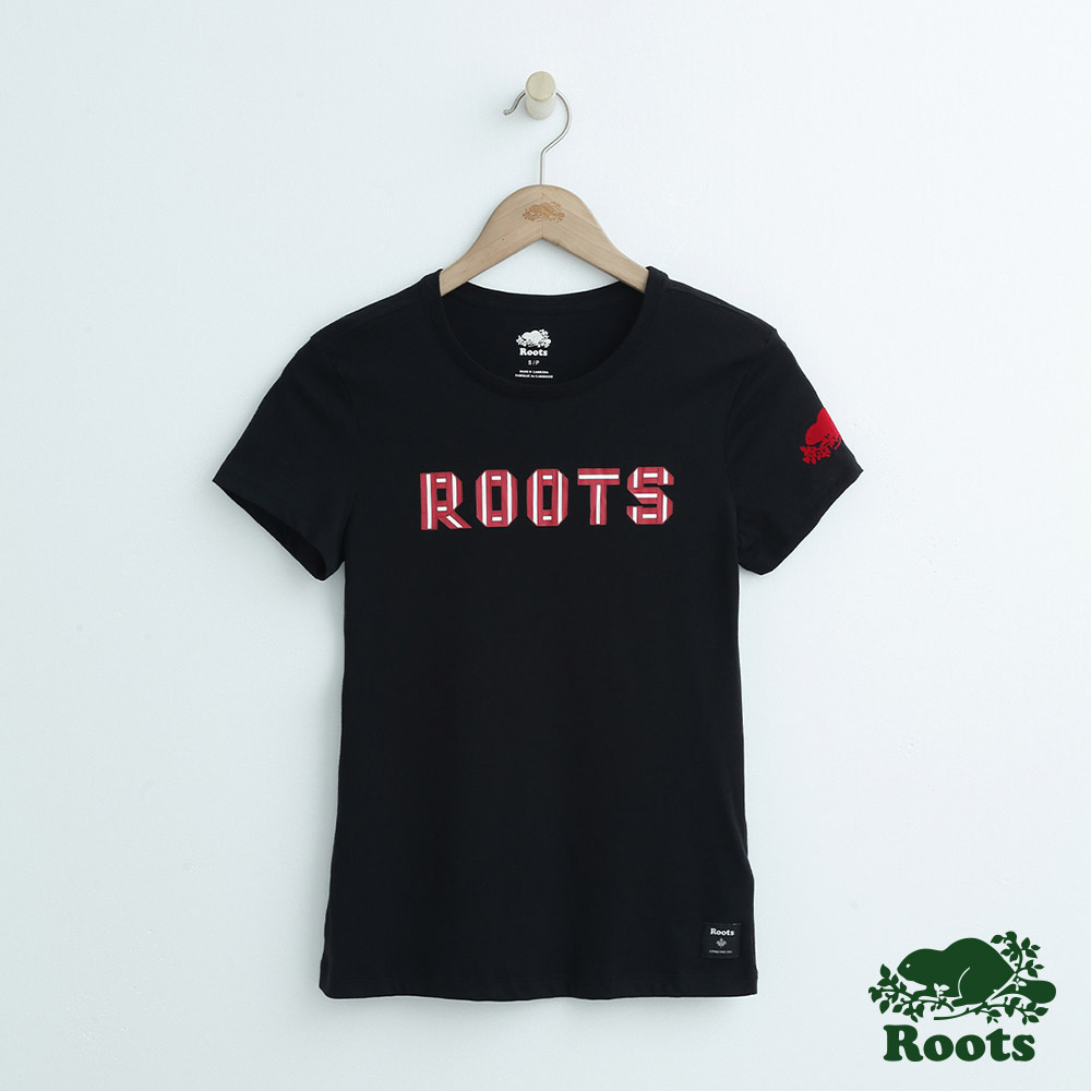 女裝Roots 織紋LOGO短袖T恤-黑