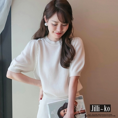 JILLI-KO 韓版溫柔風珍珠泡泡袖針織衫- 白/黑