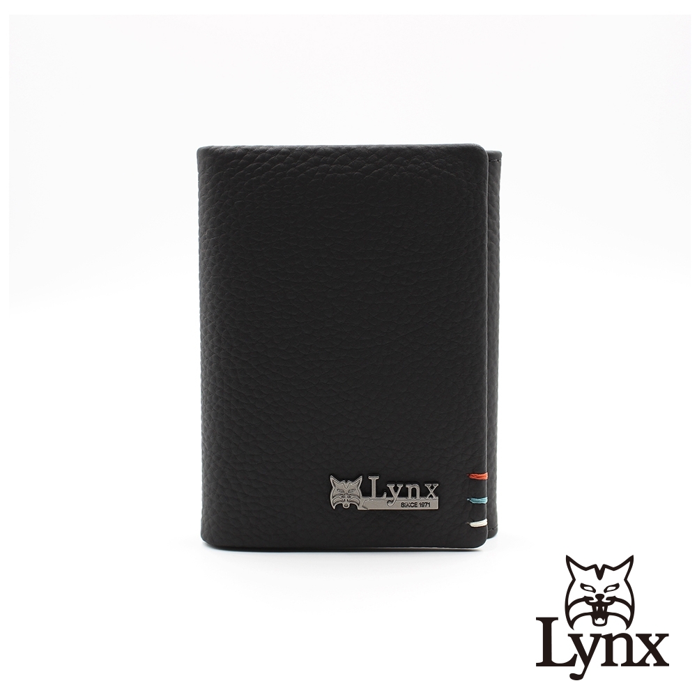 【LYNX】美國山貓自然紋進口牛皮壓扣式雙折3卡名片夾短夾 皮夾 錢包-黑色