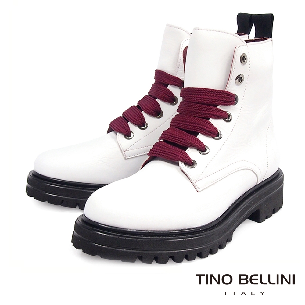 Tino Bellini西班牙進口全真皮綁帶工程短靴_白