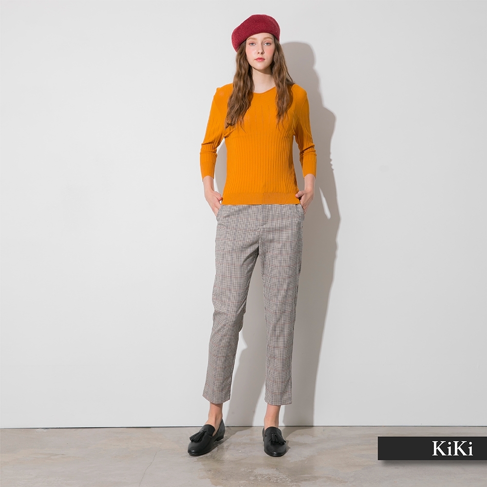 【KiKi】穿搭舒適小格紋-女長褲(藍色/版型適中)