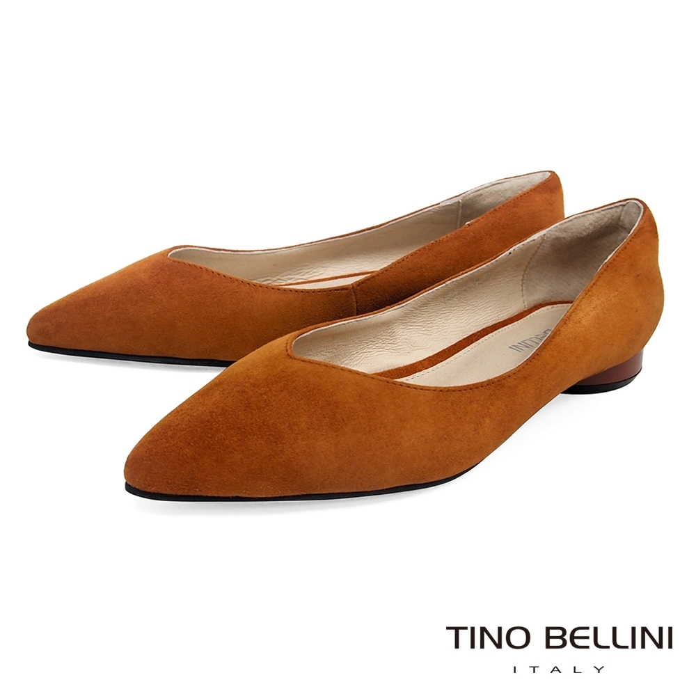 Tino Bellini 純色羊麂皮好穿尖頭低跟娃娃鞋_棕