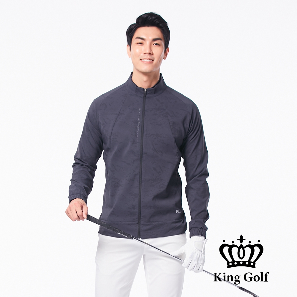【KING GOLF】男款口袋邊KG印圖防風防水拉鍊輕薄長袖夾克外套-黑灰色
