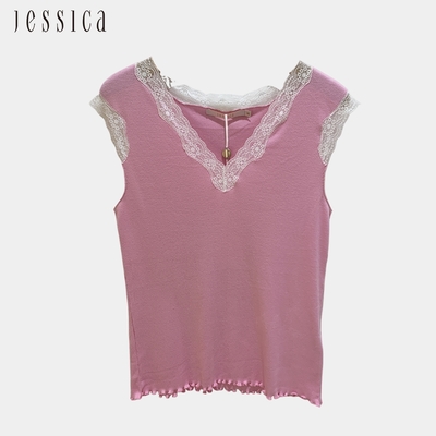 JESSICA - 純棉氣質蕾絲邊V領無袖背心223462（粉）