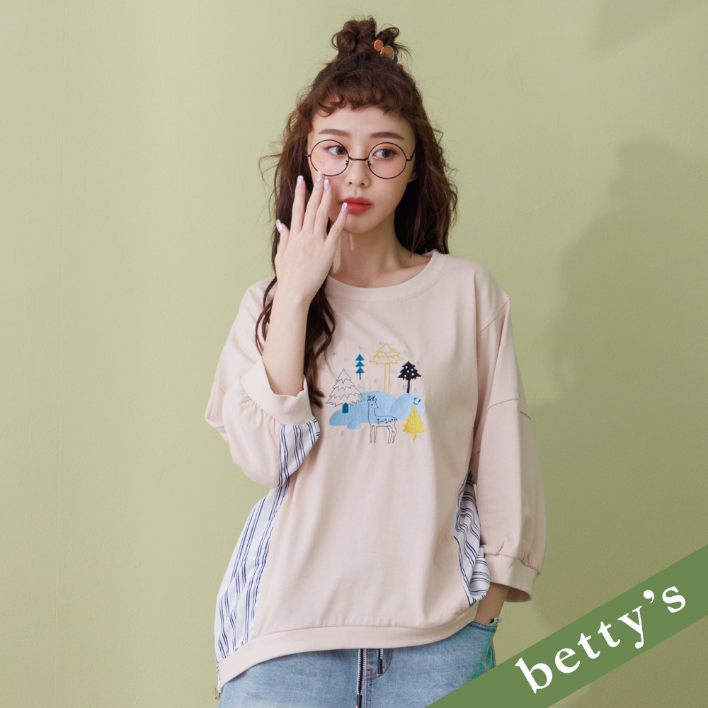 betty’s貝蒂思　森林小鹿拼接條紋T-shirt(粉卡其)