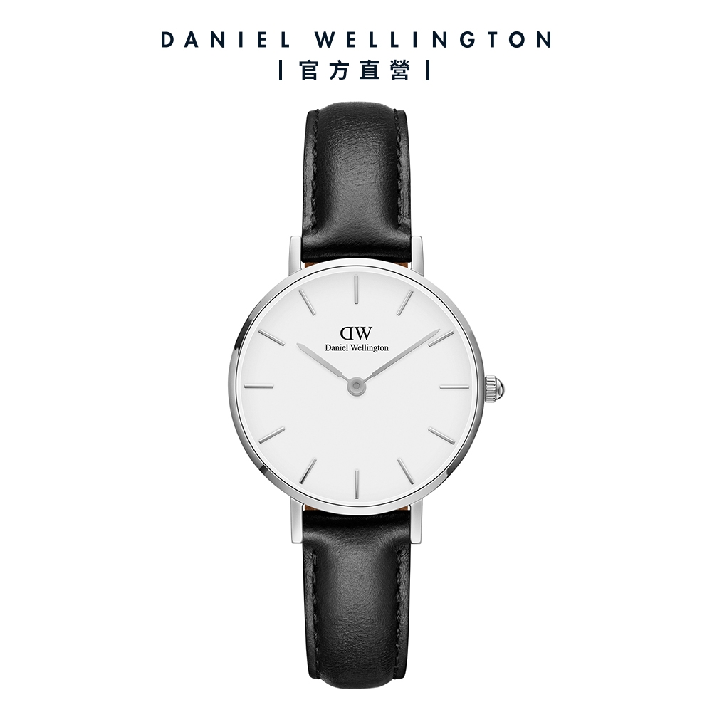 Daniel Wellington DW 手錶 Petite Sheffield 28mm爵士黑真皮皮革錶-白錶盤-銀框 DW00100242
