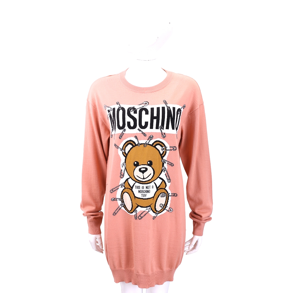 MOSCHINO 別針泰迪熊印花粉色長版羊毛衫