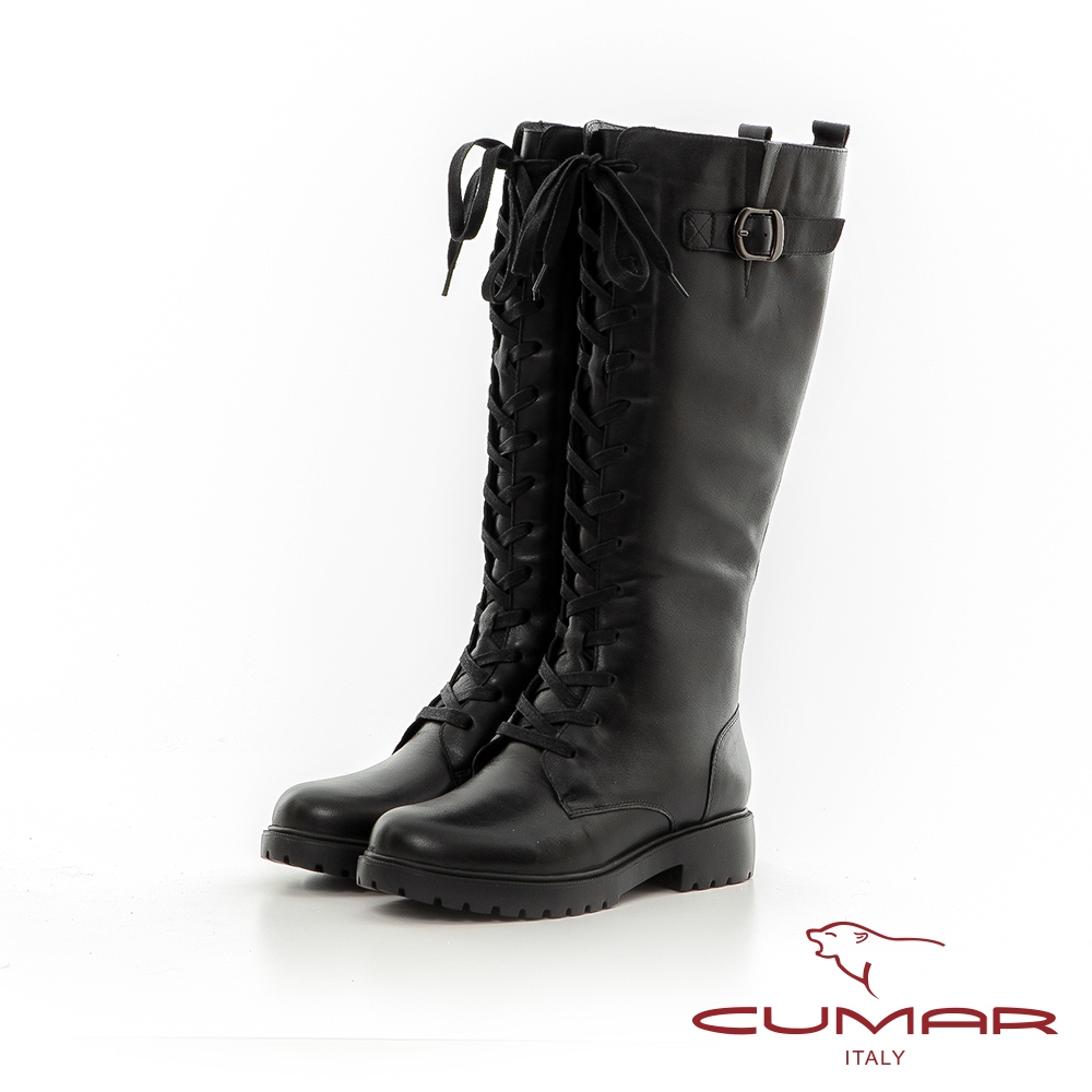 【CUMAR】輕量化扣環裝飾綁帶長靴-黑色