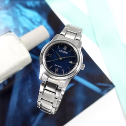 CITIZEN 光動能 簡約優雅 日期 防水100米 不鏽鋼手錶-藍色/30mm