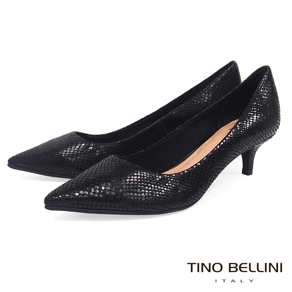 Tino Bellini 巴西進口自然立體蛇紋尖楦跟鞋 _ 黑