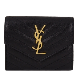 YSL 經典LOGO山形紋三摺短夾 (黑色 x 金字)