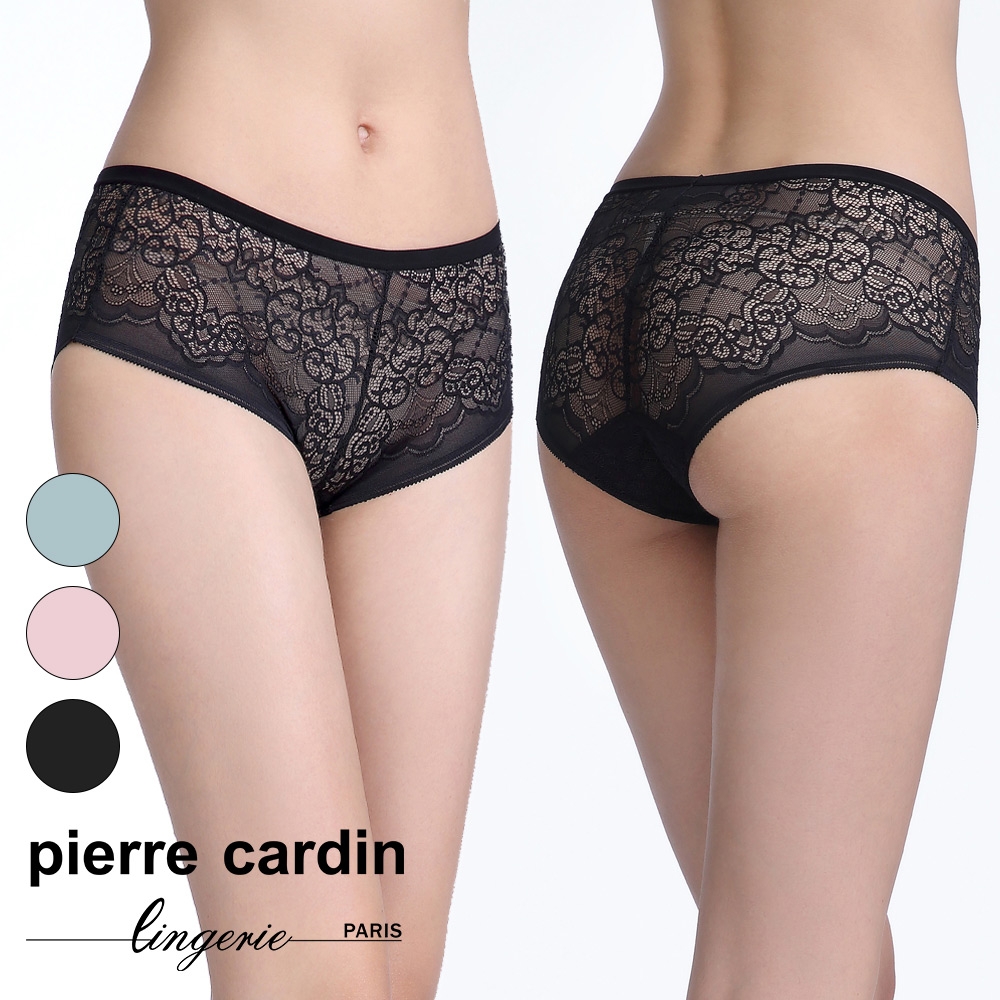 【pierre cardin 皮爾卡登女性內衣】浪漫蕾絲縷空透膚平口褲-黑