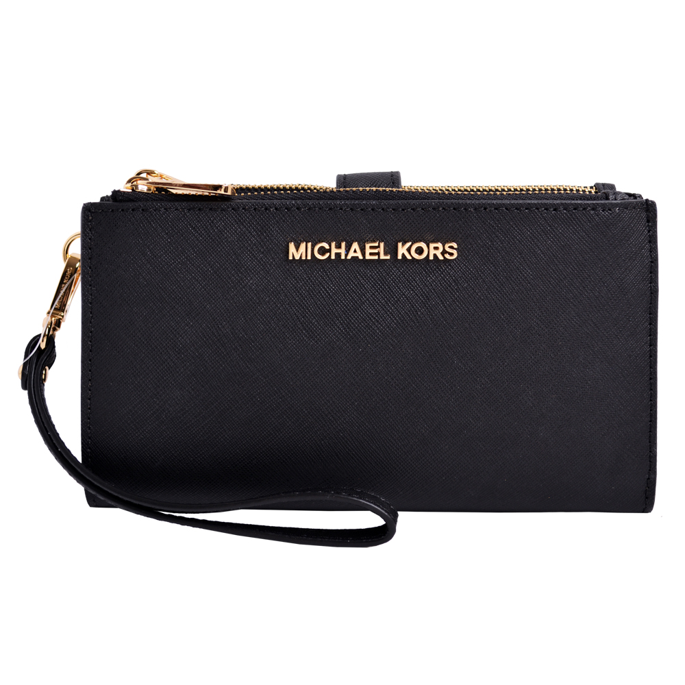 MICHAEL KORS JET SET TRAVEL金字LOGO防刮皮革雙層手拿長夾-黑