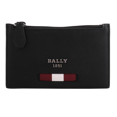 BALLY Bali 銀LOGO防刮再生牛皮革拉鍊卡夾(黑)