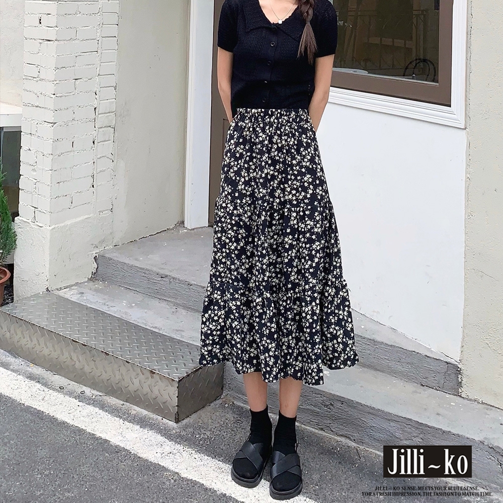 JILLI-KO 高腰碎花拼接長裙- 黑/白